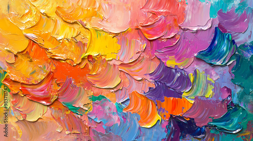 Fototapeta Naklejka Na Ścianę i Meble -  Detailed textured impressionism abstract oil painting in vibrant colors wallpaper illustration with earthy shade brush strokes widescreen background. Impressionism. Illustration