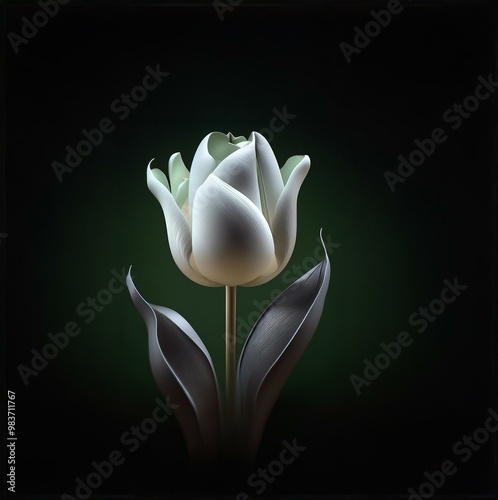 A single white tulip with green accents blooms against a dark background.