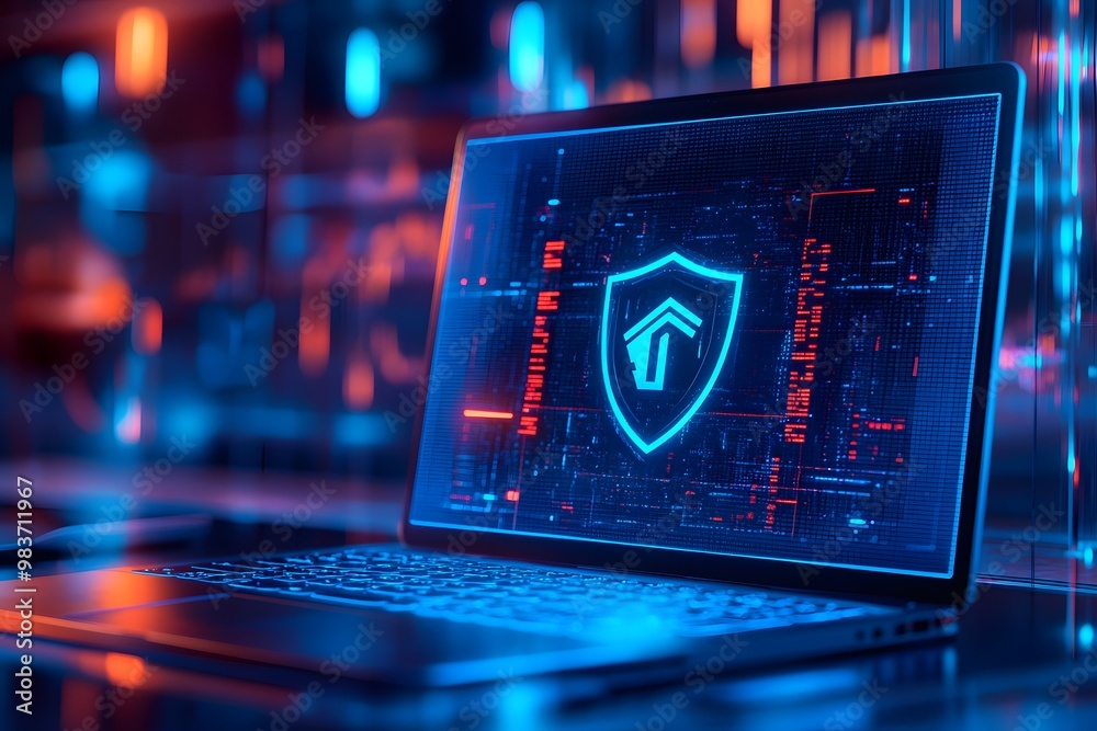 A laptop with an icon of a digital security. strong online data protection 