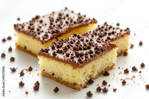 A close-up shot of three slices of sheet cake, frosted with chocolate and topped with chocolate chips. The cake is light and fluffy, and the frosting is rich and decadent. This dessert is perfect for 