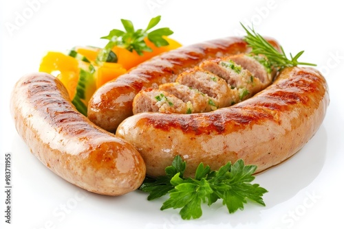 A close-up shot of three grilled German Bierwurst sausages with herbs, showcasing their golden-brown crust and juicy interior. photo