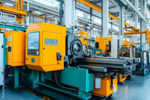 A close-up view of a die casting machine in a modern factory, showcasing its intricate design and powerful operation. The machine is used to create metal parts, highlighting the industrial process of 