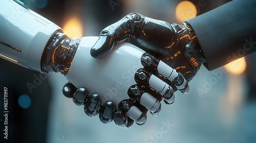 Close-up of a robot hand shaking a human hand