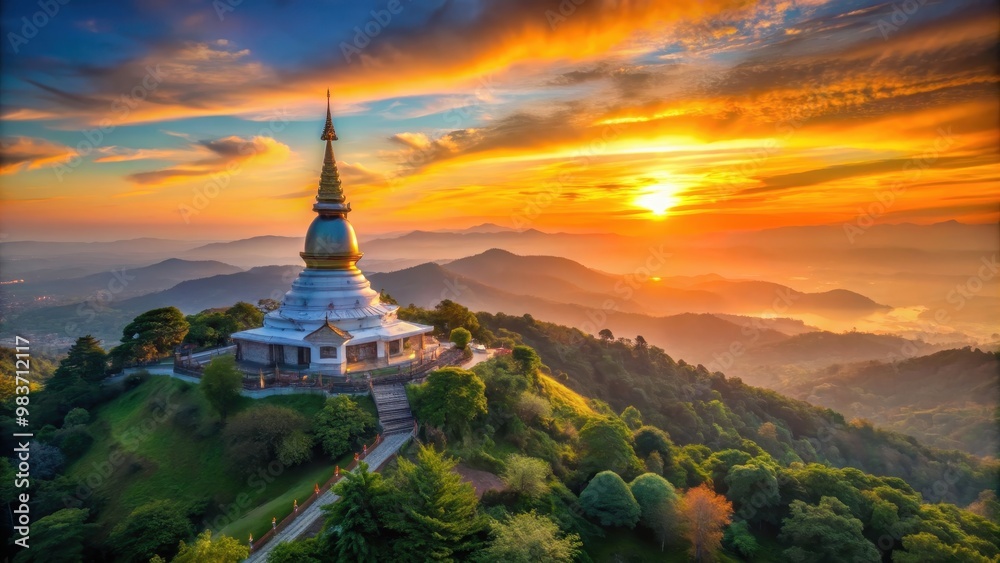 Fototapeta premium Sun setting over mountains at Phra That Na Dun Chedi, Thailand, Sunset, sun, mountains, Phra That Na Dun Chedi