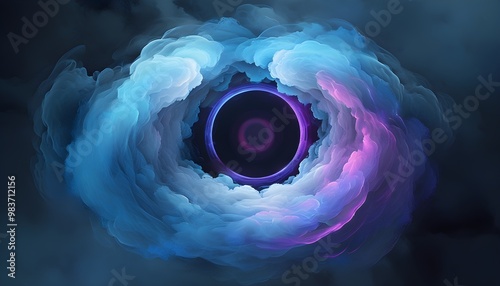 Mystical swirling clouds of blue and purple enveloping a radiant circle in a dark and enigmatic backdrop photo