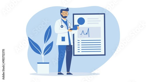 Footage of Male Doctor Analyzing Heartbeat Data with Infographic on Screen