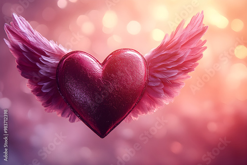 Winged Heart: Red Heart with Pink Feathered Wings on Dreamy Bokeh Background.