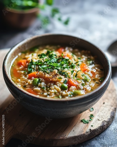 A bowl of hearty vegetable soup garnished with fresh herbs, served on a wooden board.