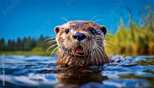 An engaging close-up of an otter swimming, its playful expression visible as it peers out of the clear blue water. The image captures the joy and liveliness of this aquatic creature, perfect for