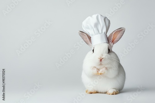 Fototapeta Naklejka Na Ścianę i Meble -  A cute white rabbit wearing a chef's hat,  symbolizing culinary skills, creativity,  purity,  Easter,  and  fun.