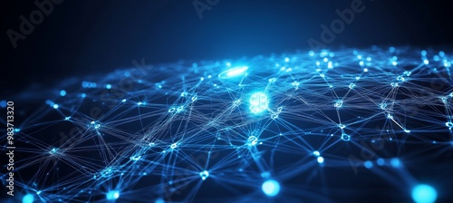 Abstract digital technology background with blue glowing network connections and AI icon on dark backdrop