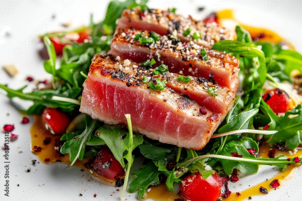 A delicious and healthy meal, this seared ahi tuna salad is a perfect combination of fresh arugula, juicy cherry tomatoes, and perfectly seared ahi tuna. The tuna is cooked to perfection, with a nice A delicious and healthy meal, this seared ahi tuna salad is a perfect combination of fresh arugula, juicy cherry tomatoes, and perfectly seared ahi tuna. The tuna is cooked to perfection, with a nice