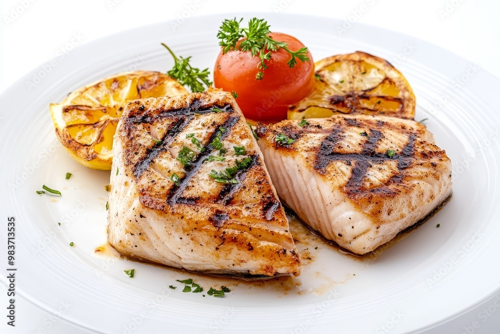 A delicious and healthy meal of grilled swordfish served with lemon and tomato. Perfect for a light lunch or dinner. A delicious and healthy meal of grilled swordfish served with lemon and tomato. Perfect for a light lunch or dinner.