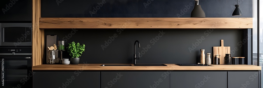 Modern kitchen interior with gray and wooden walls, empty wall for mockup or advertising Modern kitchen interior with gray and wooden walls, empty wall for mockup or advertising