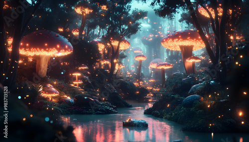 A mystical forest with glowing mushrooms, winding rivers, and floating islands, creating a magical and otherworldly feel