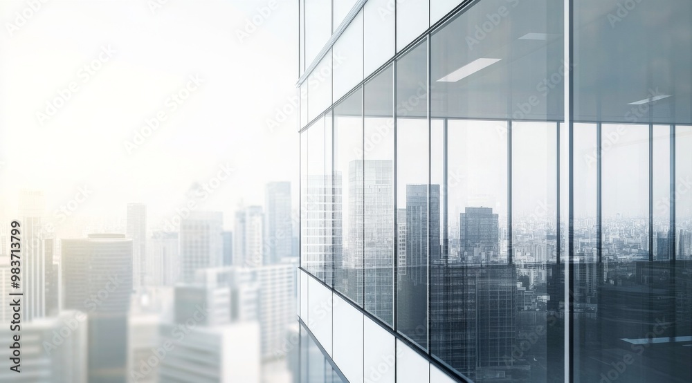 3D rendering of modern glass office building with panoramic windows and cityscape view in the distance 3D rendering of modern glass office building with panoramic windows and cityscape view in the distance