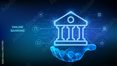Bank icon in wireframe hand. Online banking service application. Money transaction, e-commerce. Finance and banking global internet connection. Financial transaction. API Fintech. Vector illustration.