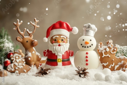 A festive scene featuring a gingerbread Santa Claus, reindeer, snowman, and gingerbread house all surrounded by snow.