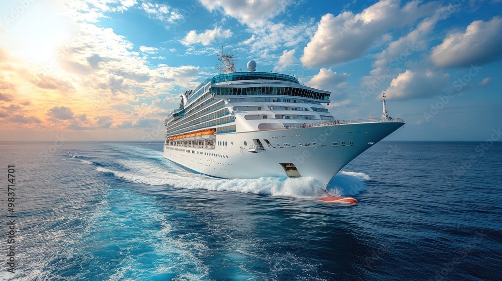 A large cruise ship sailing through tranquil ocean waters at sunset. A large cruise ship sailing through tranquil ocean waters at sunset.