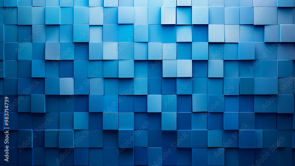 Stunning blue wall made of various textured square tiles in modern interior design Stunning blue wall made of various textured square tiles in modern interior design