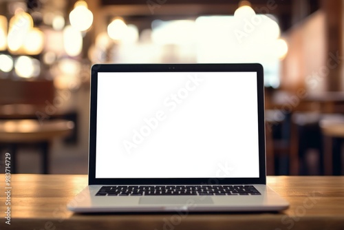 High-resolution close-up of a laptop with a blank white screen on a table in a coffee shop, with blurred background and bokeh effect.