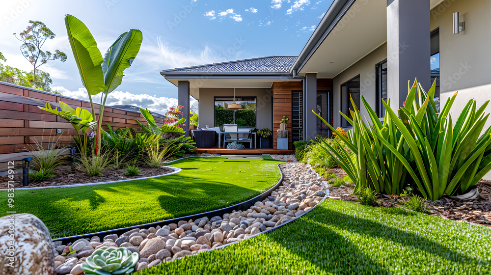 Contemporary Australian home front yard showcasing artificial grass lawn turf with timber edging, perfect for residential building landscapes