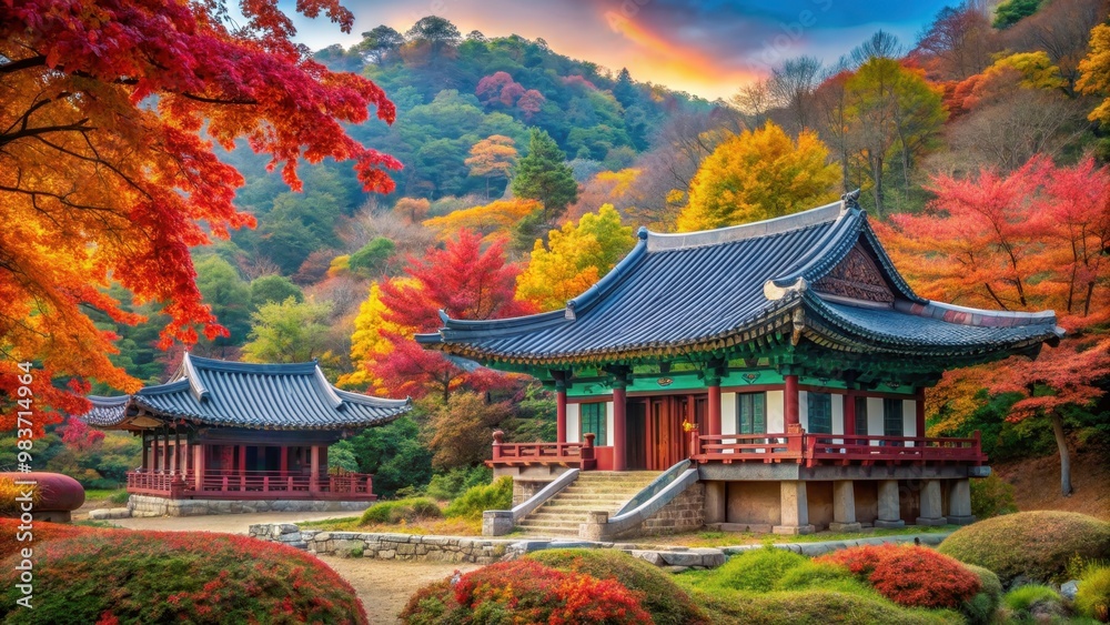 Korean temple surrounded by vibrant autumn foliage , korea, temple, autumn, fall, season, colorful, leaves, nature
