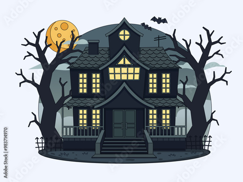 Halloween illustration featuring a large mansion under a night sky with a partially obscured full moon. Glowing windows, bats flying in the distance, and a dead tree create an eerie and mysterious.
