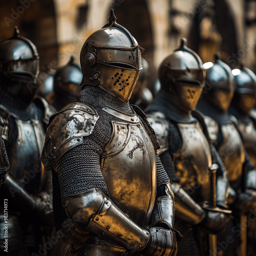 Line of medieval knights wearing suits of armor stand at attention