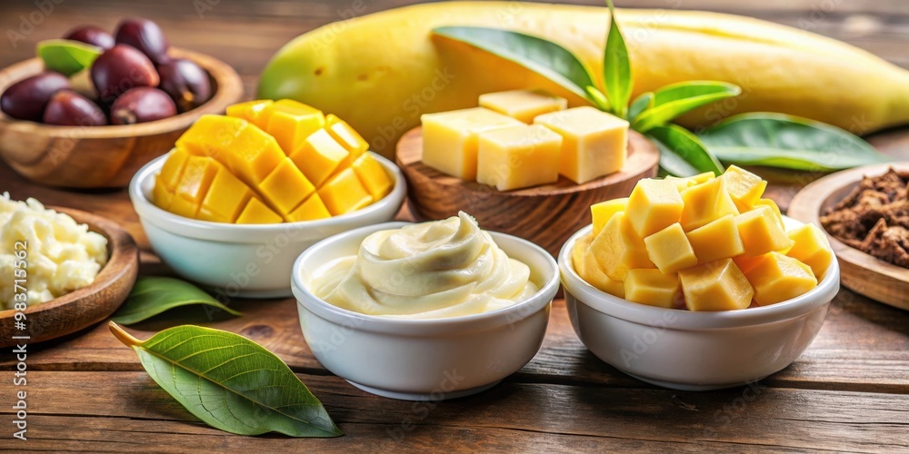 Close up shot of cocoa butter, mango butter, and kokum butter with natural emollients for skincare products, beauty