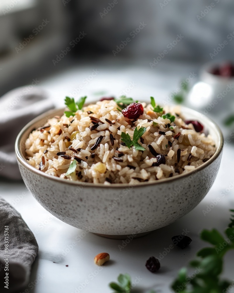 A bowl of mixed rice with herbs and dried fruits, showcasing a healthy dish. A bowl of mixed rice with herbs and dried fruits, showcasing a healthy dish.
