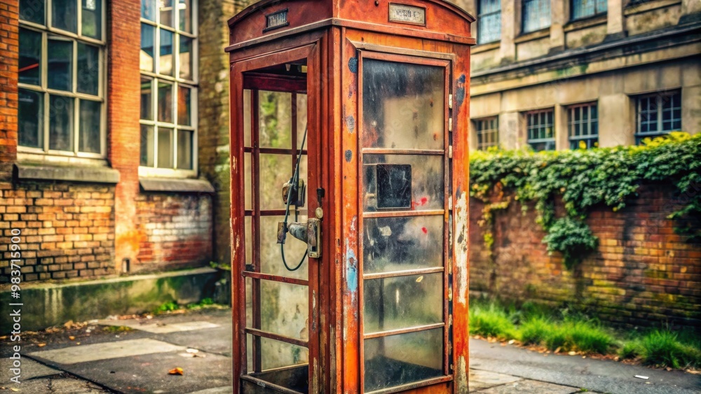 Old and dirty street phone box with scratches and graffiti , urban, communication, vintage, outdated, weathered, rust Old and dirty street phone box with scratches and graffiti , urban, communication, vintage, outdated, weathered, rust