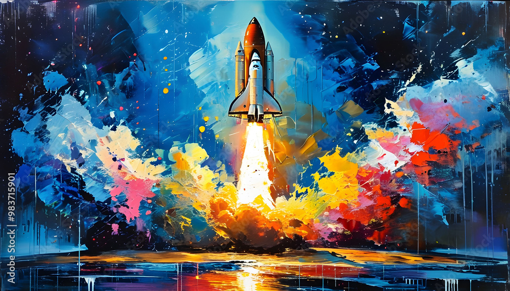 Obraz premium Abstract Space Shuttle Launch with Colorful Nebula Background
