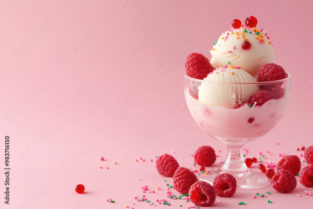 Vanilla Ice Cream Sundae with Raspberries and Sprinkles Vanilla Ice Cream Sundae with Raspberries and Sprinkles