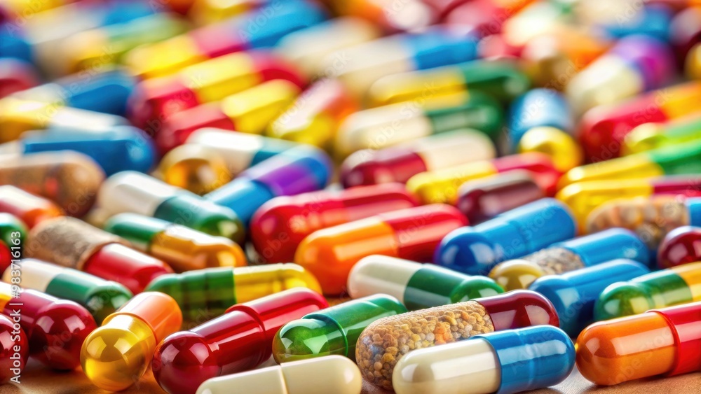 Close-up of pills and capsules with shallow depth of field, medication Close-up of pills and capsules with shallow depth of field, medication