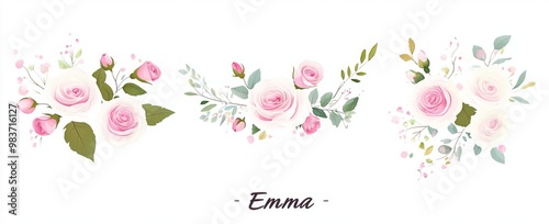 Hand-drawn watercolor vector illustrations of pink and white roses with green leaves, perfect for wedding design. Floral elements collection featuring a beautiful bouquet against an isolated backgroun