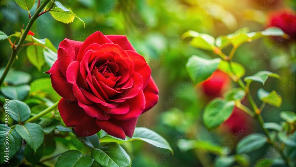 Vibrant red rose surrounded by lush green branches, nature, flowers, beauty, vibrant, red, rose, green, branches, leaves Vibrant red rose surrounded by lush green branches, nature, flowers, beauty, vibrant, red, rose, green, branches, leaves