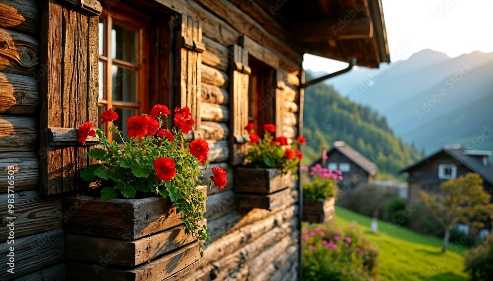 Fototapeta premium Wooden Chalet Facade with Alpine Sunset