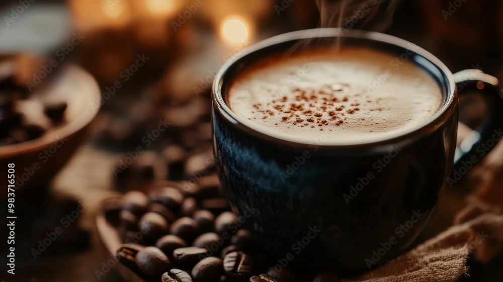 Celebrate International Coffee Day with an inviting close-up of a perfectly brewed cup of coffee surrounded by coffee beans and a warm, cozy setting Celebrate International Coffee Day with an inviting close-up of a perfectly brewed cup of coffee surrounded by coffee beans and a warm, cozy setting