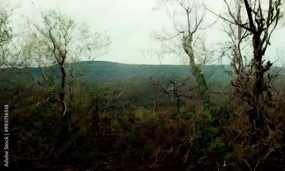 Generative ai motion animation of trees are visibly withered, branches are bare, leaves have fallen Generative ai motion animation of trees are visibly withered, branches are bare, leaves have fallen