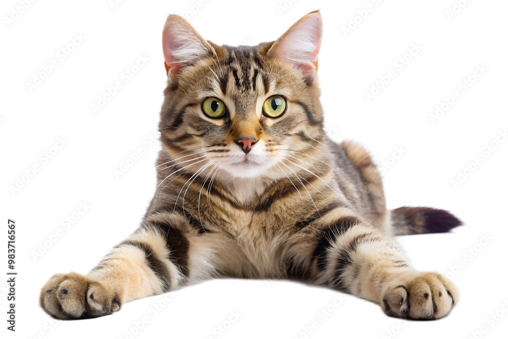 Obraz premium Tabby cat lying on transparent background with playful expression