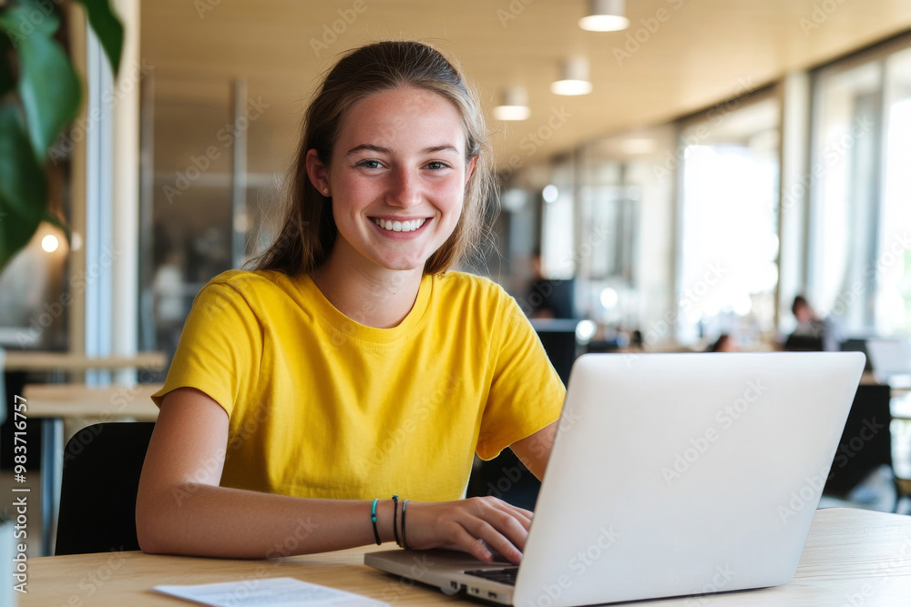 Smiling young woman in a yellow t-shirt working on her laptop indoors, using modern technology for work or study, focused and happy in a professional environment. Smiling young woman in a yellow t-shirt working on her laptop indoors, using modern technology for work or study, focused and happy in a professional environment.