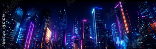 A futuristic cityscape with sleek minimalist buildings illuminated by vibrant neon lights, symbolizing technology, progress, urban life, and a modern aesthetic.