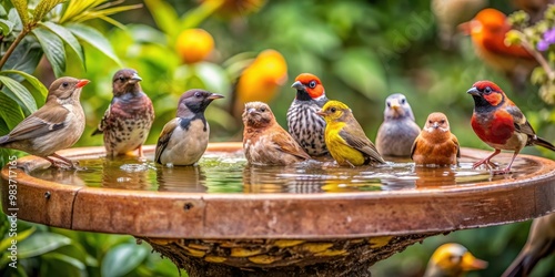 Birds of different species enjoying a communal bath in a bird bath , wildlife, nature, bird bath, bathing, group, together photo