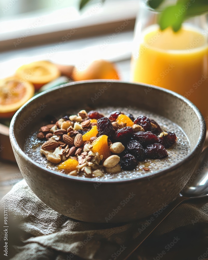 A bowl of nutritious oatmeal topped with nuts and dried fruits, accompanied by juice. A bowl of nutritious oatmeal topped with nuts and dried fruits, accompanied by juice.