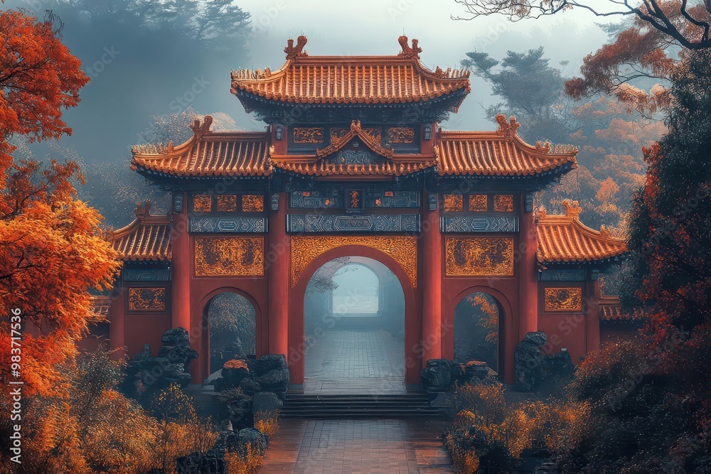 Fototapeta premium ancient chinese imperial palace ornate golden gates misty mountaintop setting ethereal light mystical atmosphere traditional architecture