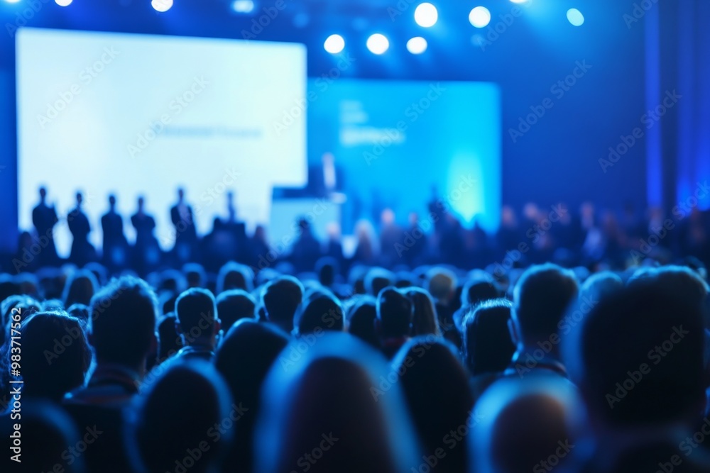 Obraz premium Large crowd gathered in front of a conference stage with speakers, set against a blurred blue background, capturing the event atmosphere.