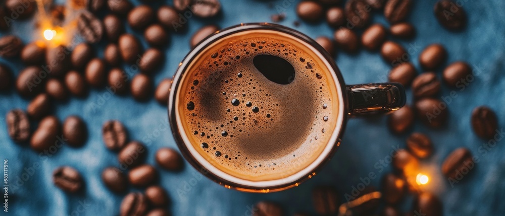 Celebrate International Coffee Day with an inviting close-up of a perfectly brewed cup of coffee surrounded by coffee beans and a warm, cozy setting Celebrate International Coffee Day with an inviting close-up of a perfectly brewed cup of coffee surrounded by coffee beans and a warm, cozy setting