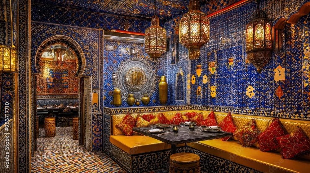 Obraz premium Moroccan Restaurant Interior with Intricate Tilework