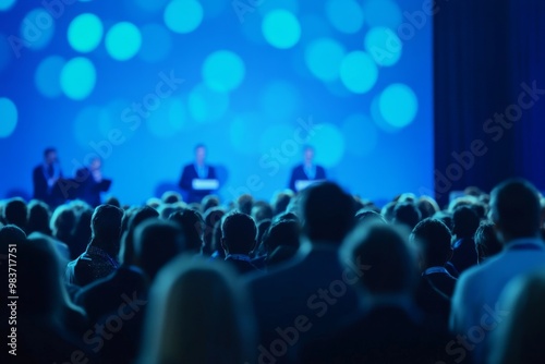 Large crowd gathered in front of a conference stage with speakers, set against a blurred blue background, capturing the event atmosphere.